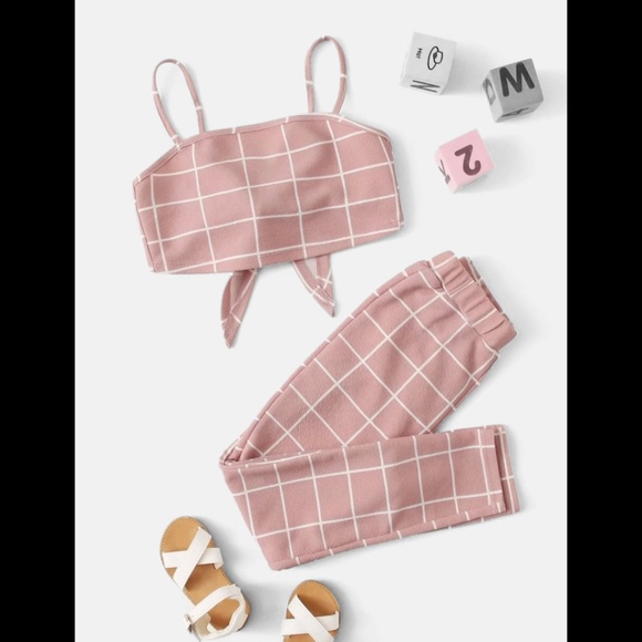 SHEIN Girls Tie Back Grid Print Top and Pants Set - Picture 1 of 5